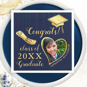 Elegante Navy Blauw en Goud Foto 2025 Afstuderen Servet
