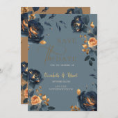 Elegante Navy Blauw Gouden Bloemen Save The Date (Voorkant / Achterkant)