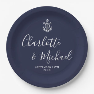 Elegante Navy Blauwe Anker Zeevaart Huwelijk Papieren Bordje
