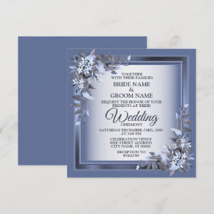 Elegante Navy Blauwe Bloem Geborduurd Zilveren Tro Kaart