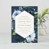 Elegante Navy blauwe bloemen bruiloft Kaart (Staand voorkant)