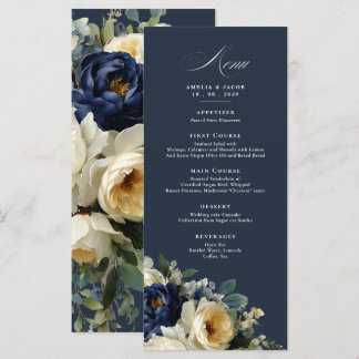 Elegante Navy Blauwe Bloemendetails Menu Bruiloft