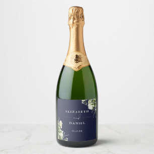 Elegante Navy Blauwe Bloemige Groene Huwelijk Sparkling Wijnetiket