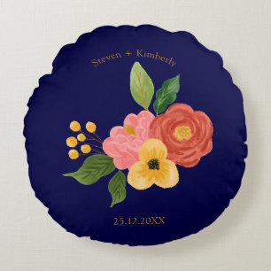 Elegante Navy Blauwe Bloemige Persoonlijke Trouw Rond Kussen