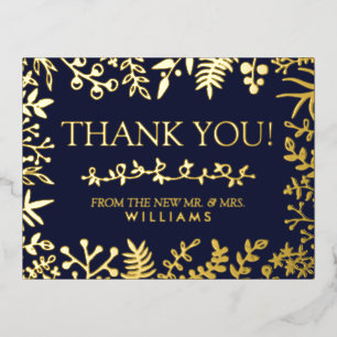 Elegante Navy Blauwe Bloemige Trouw Dank Je Echt Folie Uitnodiging Briefkaart