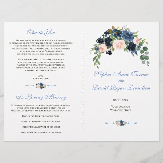 Elegante Navy Blauwe Blush Bloemen Trouwprogramma Flyer (Voorkant)