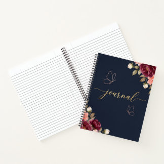 Elegante Navy Blauwe Bourgondische Bloemige Waterv Notitieboek