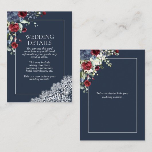 Elegante Navy Blauwe Bourgondische Botanische Kant Informatiekaartje (Voorkant / Achterkant)