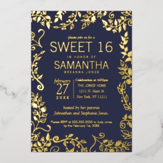 Elegante Navy Blauwe Echte Gouden Bloem Sweet 16 Folie Uitnodiging