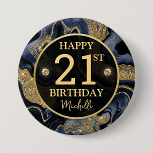 Elegante Navy Blauwe en Gouden Glitter Agate Verja Ronde Button 7,6 Cm