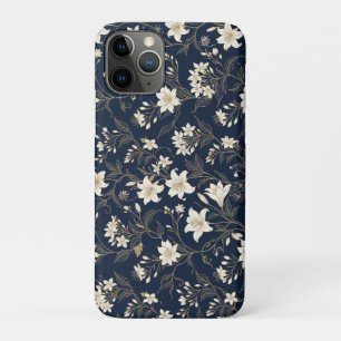 Elegante Navy Blauwe en Gouden Lelie Bloem iPhone 11 Pro Hoesje