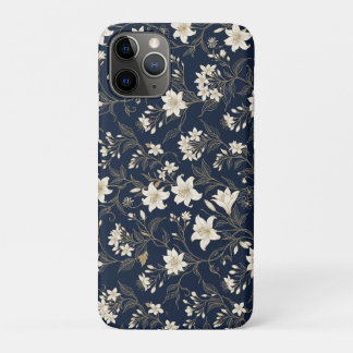 Elegante Navy Blauwe en Gouden Lelie Bloem iPhone 11 Pro Hoesje
