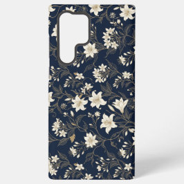 Elegante Navy Blauwe en Gouden Lelie Bloem Samsung Galaxy Hoesje