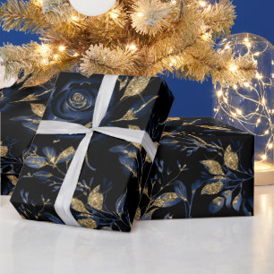 Elegante Navy Blauwe en Gouden Roos Bloemmotief Cadeaupapier