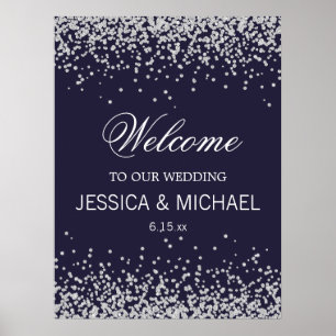 Elegante Navy Blauwe Fonkelende Zilveren Glitter B Poster