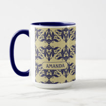 Elegante Navy Blauwe Gele Vintage Damask Monogram