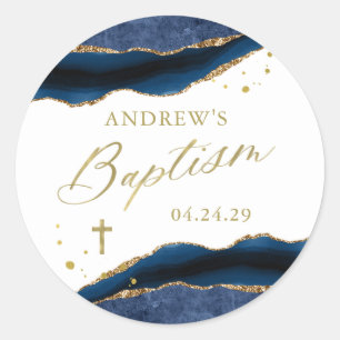 Elegante Navy Blauwe Geode met Gouden Kruis   Doop Ronde Sticker