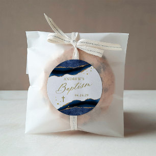 Elegante Navy Blauwe Geode met Gouden Kruis Doop Ronde Sticker