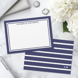 Elegante Navy Blauwe Gestreepte Monogram Notitiekaartje