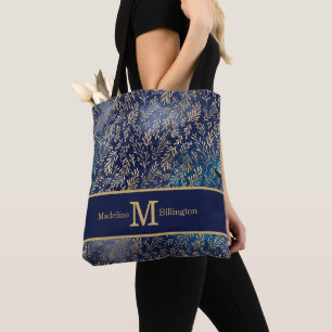 Elegante Navy Blauwe Gouden Bladeren Monogram Naam Draagtas