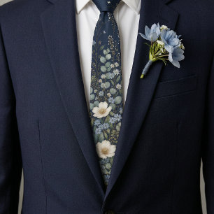 Elegante Navy Blauwe & Gouden Bloemstuk Heren Stropdas