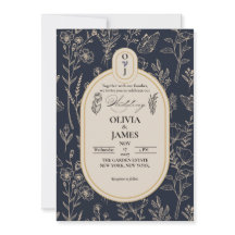 Elegante Navy Blauwe Gouden Botanische Trouwuitnod