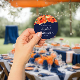 Elegante Navy Blauwe Gouden Klaproos Bruidsdouche Ronde Sticker