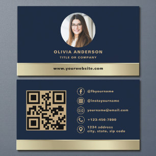 Elegante Navy Blauwe Gouden Logo QR Code Foto Visitekaartje