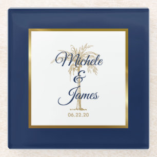 Elegante Navy Blauwe Gouden Palmboom Moderne Trouw Glazen Onderzetter