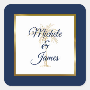 Elegante Navy Blauwe Gouden Palmboom Moderne Trouw Vierkante Sticker