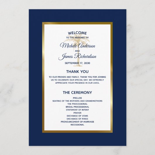 Elegante Navy Blauwe Gouden Palmboom Tropische Bru Programma (Voorkant)
