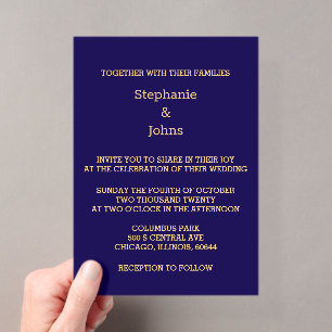 Elegante Navy Blauwe Gouden Script Moderne Trouwda Acryl Uitnodigingen