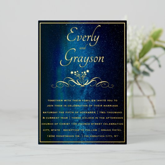 Elegante Navy-blauwe & Gouden Trouw Sprookjeslicht Folie Uitnodiging (Staand Voorkant)