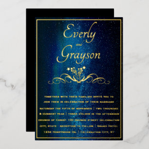 Elegante Navy Blauwe & Gouden Trouwfeeënlichtjes Folie Uitnodiging