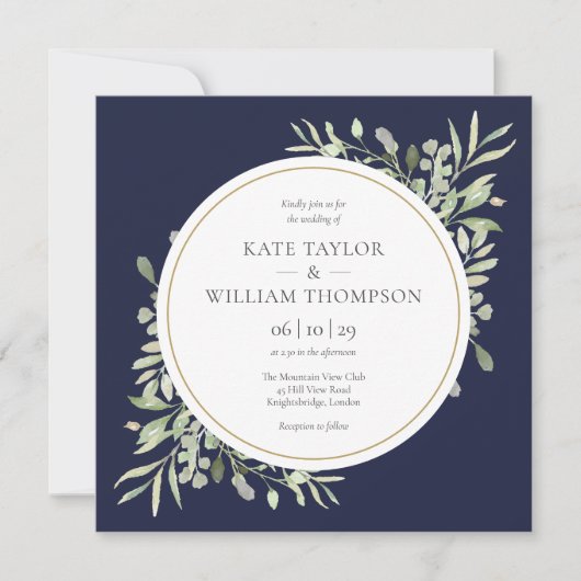 Elegante Navy Blauwe Groene Foto Vierkante Trouw Kaart (Voorkant)