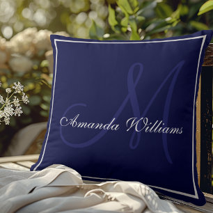 Elegante Navy Blauwe Initiële Familie Monogram Kussen