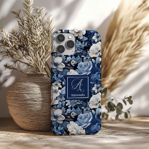Elegante Navy Blauwe Ivoren Bloem Luxe iPhone Hoes