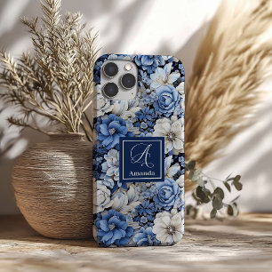 Elegante Navy Blauwe Ivoren Bloem Luxe iPhone Hoes