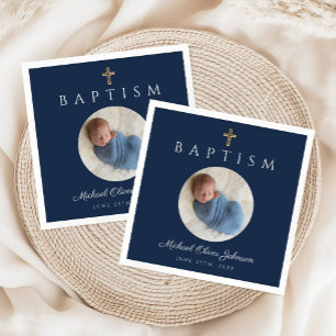 Elegante Navy Blauwe Kruis Foto Jongens Doop Servet
