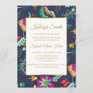 Elegante Navy Blauwe met Bloemen Gouden Koffer Fee Kaart