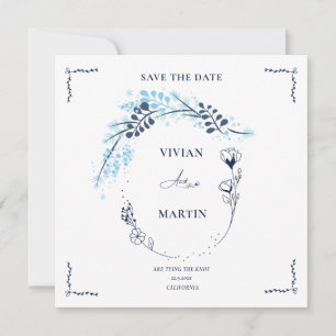 Elegante Navy Blauwe Monogram Bloemige Save The Da Kaart