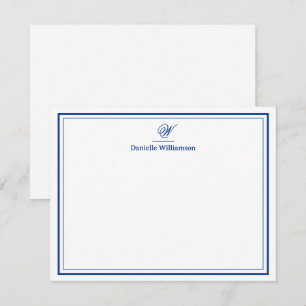Elegante Navy Blauwe Monogram Dubbele Rand Vlak Notitiekaartje