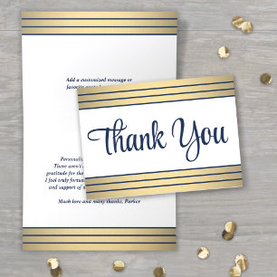 Elegante Navy Blauwe Script en Gouden Strepen Vouw Bedankkaart