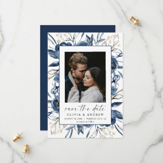 Elegante Navy Blauwe Script Foto Bloem Bruiloft Save The Date