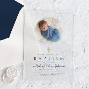 Elegante Navy Blauwe Script Jongens Foto Doop Acryl Uitnodigingen