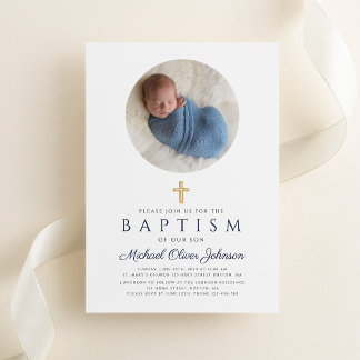 Elegante Navy Blauwe Script Jongens Foto Doopfeest Kaart