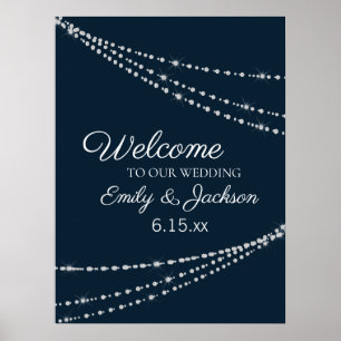 Elegante Navy Blauwe Slierlichtjes Bruiloft Poster