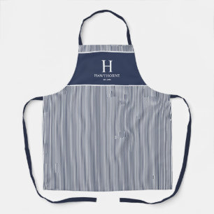 Elegante Navy Blauwe Streep Monogram Naam Schort