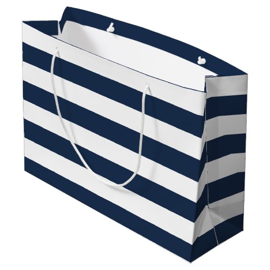 Elegante Navy Blauwe Strepen Huwelijk Custom Tas Large Cadeauzakje (Achterkant Gekanteld)
