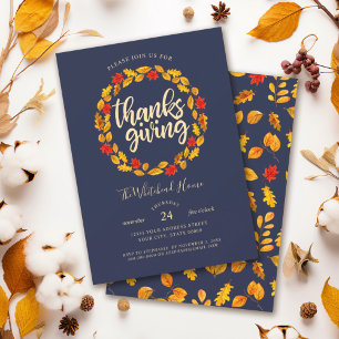 Elegante Navy Blauwe Thanksgiving Herfstblad Krans Kaart